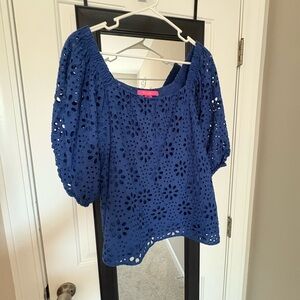 Lilly Pulitzer | Kerrigan Elbow Sleeve Oyster Bay Navy Funflower Eyelet XL EUC